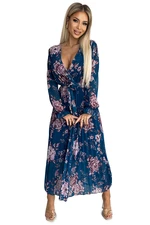 Numoco pleated chiffon long dress with neckline, long sleeves and belt