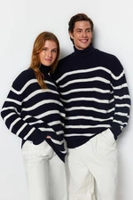 Trendyol Navy Blue Casual Unisex Oversize Fit Wide Pattern Striped Knitwear Sweater