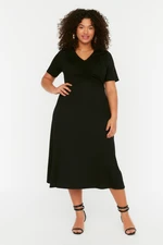 Trendyol Curve Black Skater V-Neck Shirring Detailed Dress