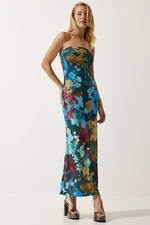 Happiness İstanbul Women's Emerald Green Blue Floral Wrap Summer Strapless Dress