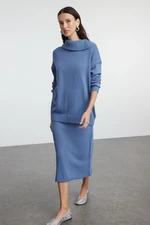 Trendyol Indigo Wide Pattern Turtleneck Knitwear Bottom-Top Set