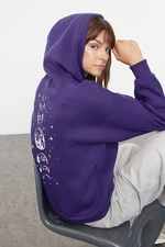 Trendyol Purple Printed Oversize Hooded Thick Fleece Knitted Sweatshirt