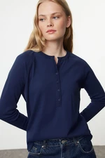 Trendyol Navy Blue Buttoned Regular Cut Ribbed Flexible Regular Length Knitted Blouse