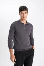 DEFACTO Men's Anthracite Standard Fit Regular Cut Polo Collar Soft Textured Premium Knitwear Sweater