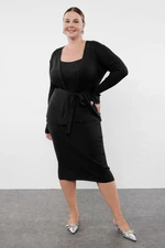 Trendyol Curve Black Ribbed Belted Midi Length 2-Piece Knitwear Cardigan-Dress