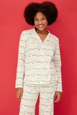 Trendyol Off-White 100% Cotton Christmas Themed Shirt-Pants and Knitted Pajamas Set