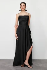 Trendyol Black Draped Woven Satin Long Evening Evening Dress