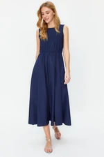 Trendyol Navy Blue Skirt Waist Opening Gipe Detail 100% Cotton Poplin Midi Woven Dress