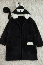 Trendyol Black Belted Animal Figured Hooded Wellsoft Knitted Dressing Gown with Pockets