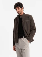 Ombre Men's retro biker jacket with stand-up collar - brown