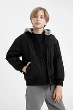 DEFACTO Boys Water Repellent Detachable Hood College Collar Zippered Ribbed Sleeve Bomber Jacket