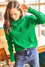 Olalook Women&#039;s Grass Green Cuffs with Slits and Buttons Turtleneck Knitwear Sweater