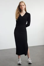 Trendyol Black Plain Midi Polo Neck Bodycone/Fits Midi Knit Dress