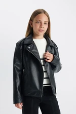 DEFACTO Girl Water Repellent Jacket Collar Faux Leather Coat