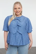 Trendyol Curve Navy Blue Women's Bow-Crispy Floral Woven Plus Size Blouse