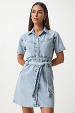 Happiness İstanbul Women's Light Blue Belted Denim Dress