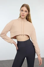 Trendyol Dark Beige Super Crop Hooded Knitted Sports Sweatshirt