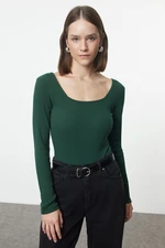 Trendyol Emerald Green Square Neck Long Sleeve Ribbed Stretchy Snap Fastener Knitted Bodysuit