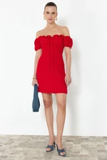 Trendyol Red Fitted Madonna Neck Crepe Mini Woven Dress