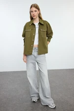 Trendyol Oversize Wide Fit Jacket with Khaki Collar and Stone Detail on the Pocket