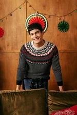 DEFACTO Christmas Themed Standard Fit Regular Cut Patterned Crew Neck Knitwear Sweater