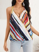 Tie Dye Stripe Halter V-neck Sleeveless Front Cross Daily Casual Tank Top