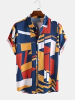 Mens Fashion Colorful Contrast Color Printing Loose Casual Shirts