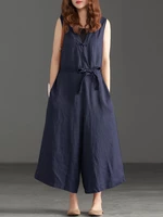 Women Wide Leg Cotton Solid Color V-Neck Sleeveless Jumpsuit with Pockets