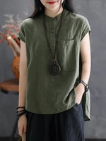 Women Lapel Button Down Loose Solid Blouse