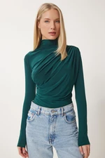 Happiness İstanbul Women's Dark Green Gathered Detailed High Neck Sandy Blouse