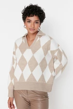 Trendyol Beige Wide Fit, Soft Textured, Patterned Knitwear Sweater