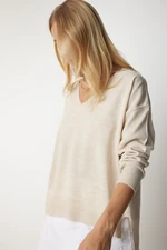 Happiness İstanbul Women's Cream V-Neck Oversized Knitwear Sweater