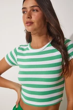 Happiness İstanbul Women's Light Green Striped Cotton Knitted Crop T-Shirt