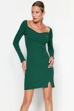 Trendyol Green Corduroy Sweetheart Neck Fitted Long Sleeves Stretchy Mini Knit Dress