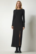 Happiness İstanbul Women's Black Slit Stitched Long Viscose Dress