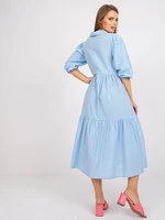 Cotton midi dress RUE PARIS light blue with frills