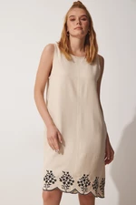 Happiness İstanbul Women's Cream Embroidered Summer Raw Linen A-Line Dress
