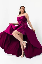 Lafaba Women's Plus Size Satin Evening Dress with Plum Ruffles and a slit Prom Prom.