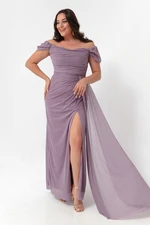 Lafaba Women's Powder Powder Boat Collar Draped Long Glittery Evening Dress with a Slit.