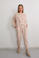 BİKELİFE Women's Beige Three Thread Raised Oversize Crop Tracksuit