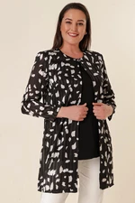 By Saygı Zero Sleeve Lycra Undershirt Satin Striped Patterned Chiffon Jacket Plus Size 2 Set Black