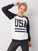 White and dark blue sweatshirt with Samantha RUE PARIS print