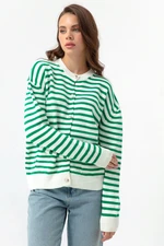 Lafaba Women's Green Gold Buttons Striped Knitwear Cardigan