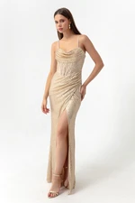 Lafaba Women's Gold Underwired Corset Detailed Sequined Long Slit Evening Dress.