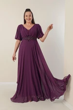 By Saygı Plus Size Long Chiffon Dress With A V-Neck Front Beaded Waist Draped and Lined Front Back