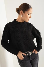 Lafaba Women's Black Crew Neck Hair Braided Knitwear Sweater