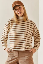 XHAN Brown Crew Neck Striped Sweatshirt