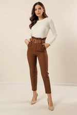 By Saygı Belted Waist, Side Pockets, Skinny Legs Fabric Trousers.