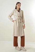 By Saygı Notched Collar Waist Belted, Pocket Soft Cotton Trench Coat.