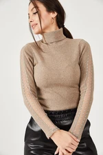 armonika Women's Beige Neck Sleeves Lace Detailed Knitwear Sweater